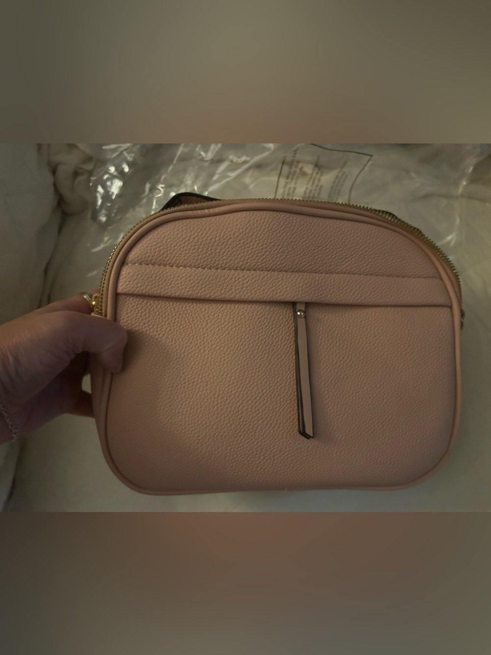 Compact Pink Pebbled Cosmetic Pouch with Front Slip Pocket